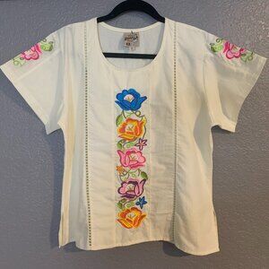 Original ARANTZA Womens Embroidered Blouse Short Sleeve Top Ivory Shirt M